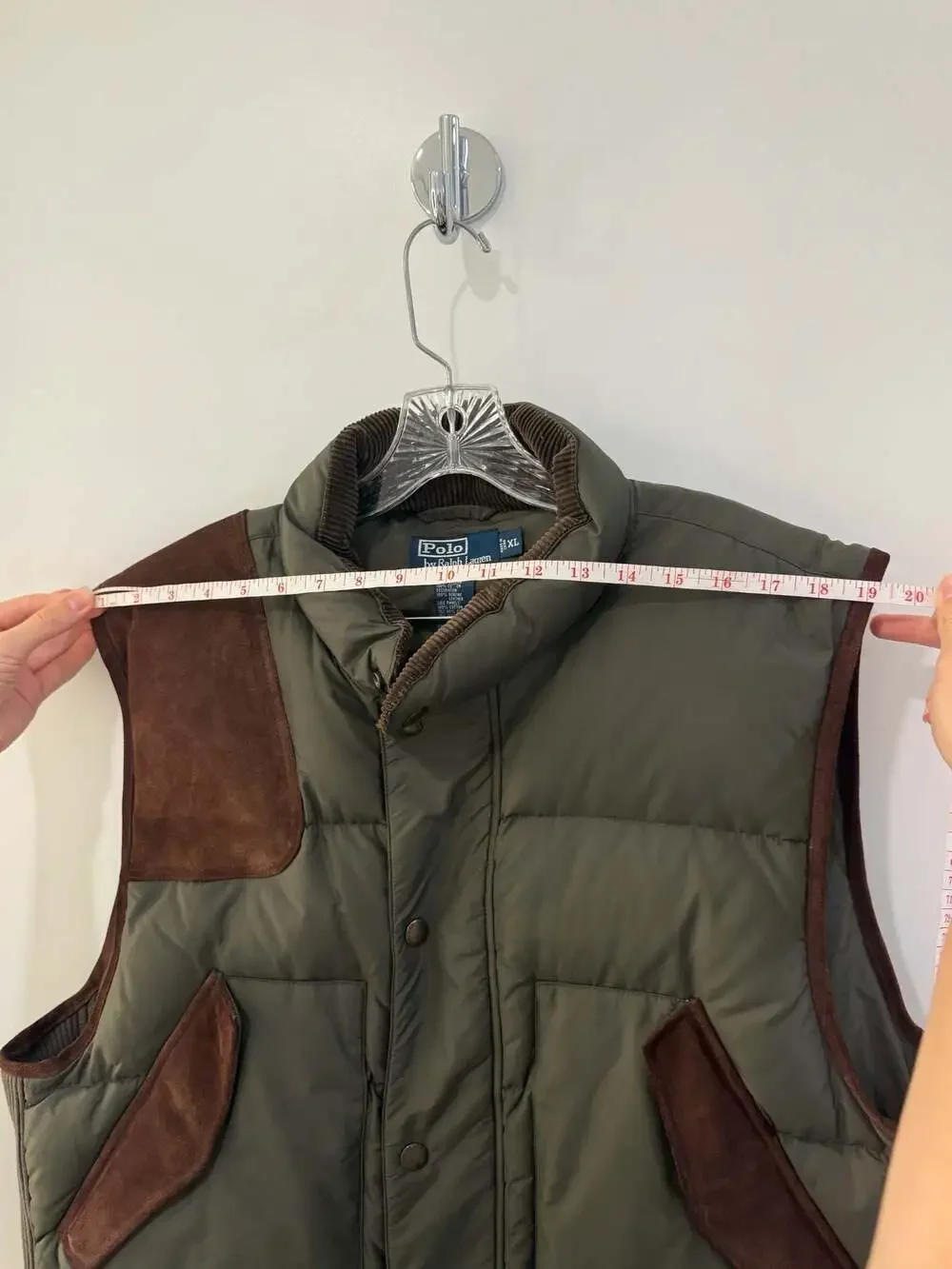 Polo Ralph Lauren Olive Green Down Puffer Vest with Suede Shoulder and Pocket Ac